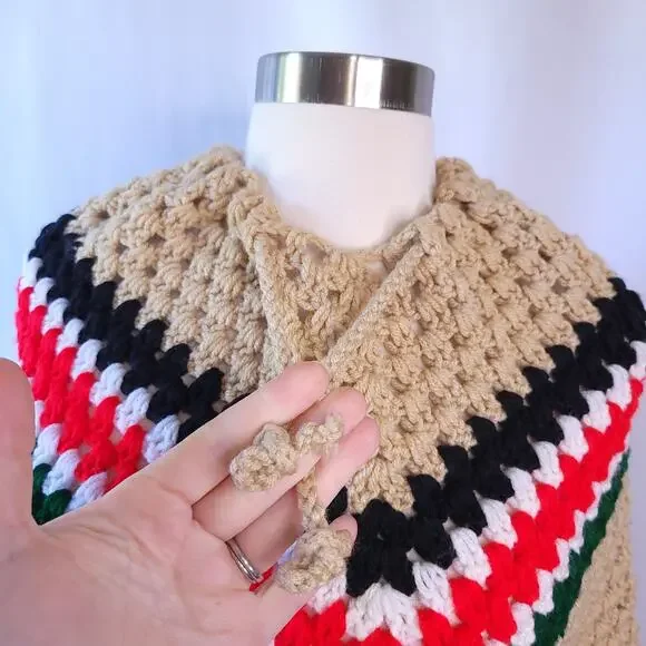 Handcrafted Brown Red Chevron Stripe Crochet Poncho Fringe Sweater Small/Medium - Picture 3 of 6
